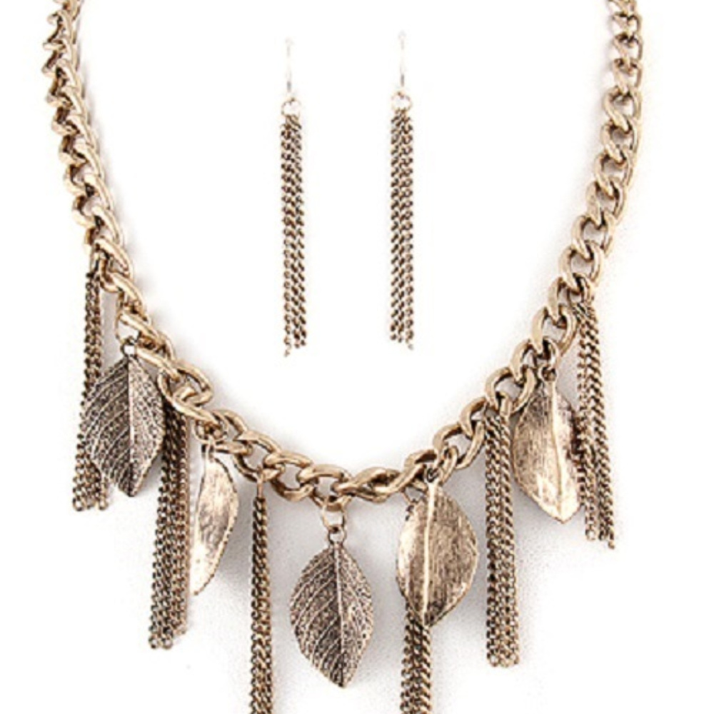 Vintage Style Burnish Gold Leaf Tassel Earring Set